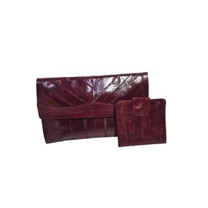 Vintage 80s Burgundy Eel Skin Clutch and Matching Wallet Set 2 Pc Maroon Red